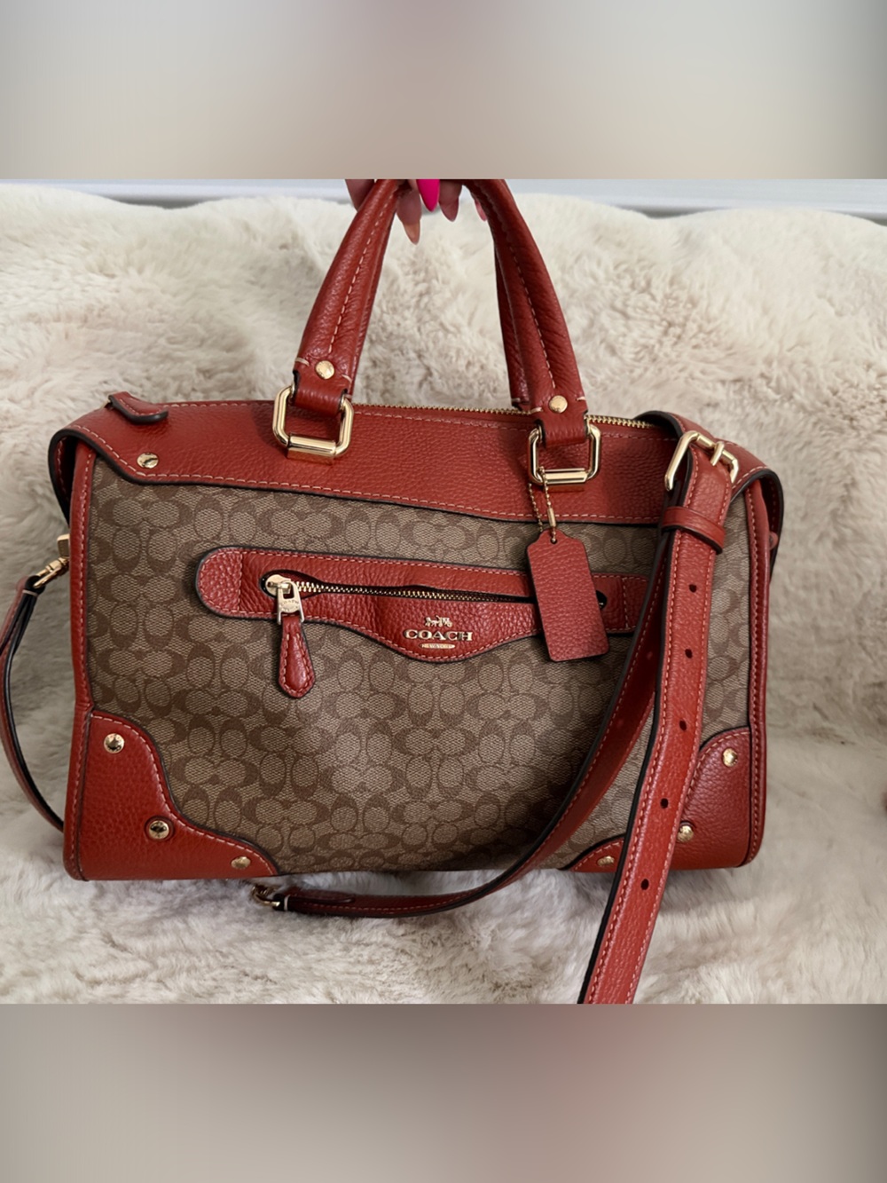 Coach Brown Signature Satchel with Red-Orange Leather Trim